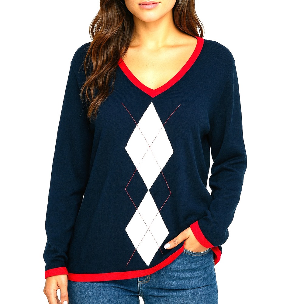 Tommy Hilfiger Womens Argyle‎ Sweater 2X Y2K Academia Preppy Old Money Blue Red